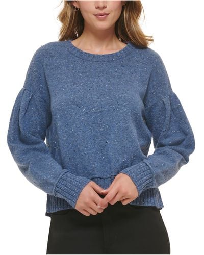 DKNY Ribbed Trim Puff Sleeve Crewneck Sweater - Blue