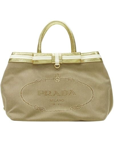 Prada Brown Logo Jacquard Canvas Metallic Handle Tote Bag