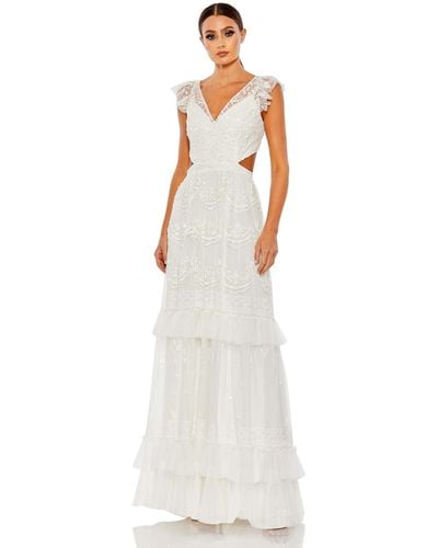 Mac Duggal Sequined Rufffled Cap Sleeve Cut Out Tiered Gown - White