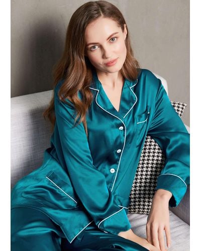 LILYSILK 22 Momme Chic Trimmed Silk Pajamas Set - Blue