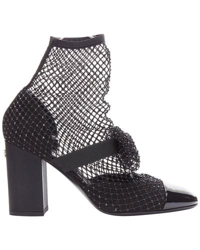 Chanel 2023 Resille 90 Black Crystal Fishnet Bow Silver Cc Sock Boots - White