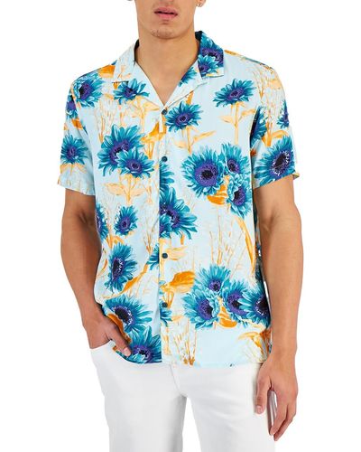 INC Floral Short Sleeves Button-down Shirt - Blue