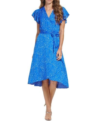 DKNY Faux Wrap Printed Midi Dress - Blue