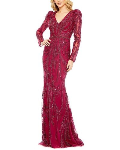 Mac Duggal Embellished Puff Sleeve V Neck Gown - Red