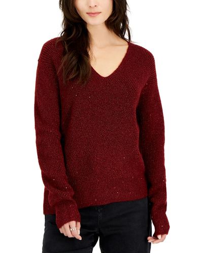 INC V Neck Ribbed Trim Pullover Sweater - Red