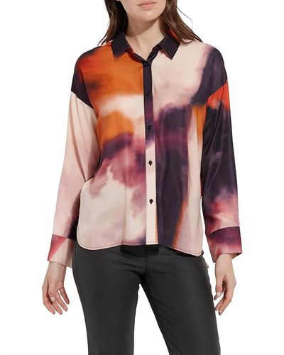 Lyssé Printed Stitched Satin Watercolor Blouse In Purple Watorcolo - Red
