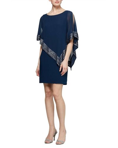 Alex Evenings Capelet Sleeve Asymmetrical Popover Knit Dress - Blue