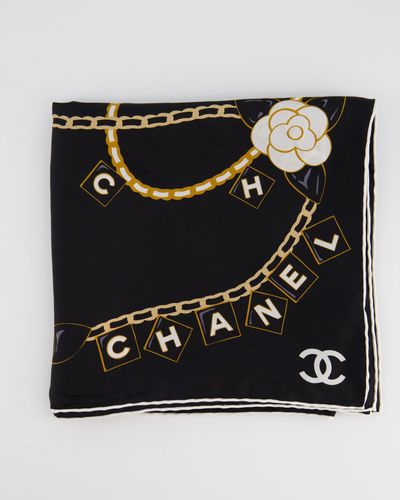 Chanel &printed Silk Scarf With Chain Camellia Detail - Black