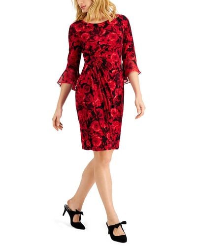 Connected Apparel Petites Wedding Guest Floral Print Fit & Flare Dress - Red