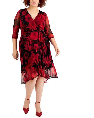 Connected Apparel Plus V-neck Midi Wrap Dress - Red