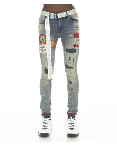 Cult Of Individuality Punk Super Skinny Stretch W/beet Red Belt In Primo - Blue