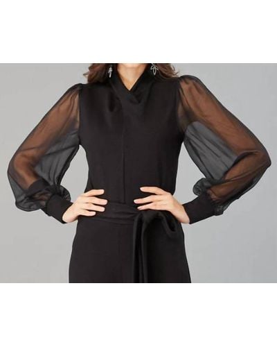 Lola & Sophie T6039 - Twist Neck Ponte Top With Chiffon Sleeve In Black