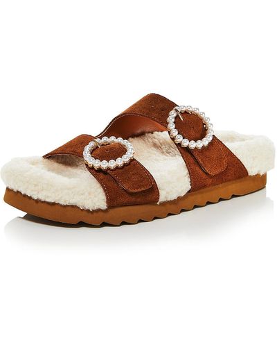 Aqua Furry Suede Faux Fur Slide Sandals - Brown