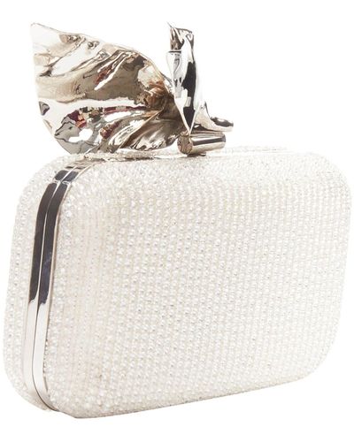 Maticevski Romancing Bead Diamante Silver Metal Flower Clasp Box Clutch Bag - White