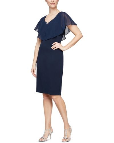 SLNY Knit Sheer Overlay Sheath Dress - Blue