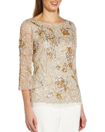 Adrianna Papell Petites Sequined Burnout Blouse - Natural