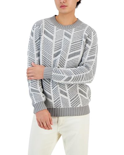 Alfani Knit Herringbone Crewneck Sweater - Gray