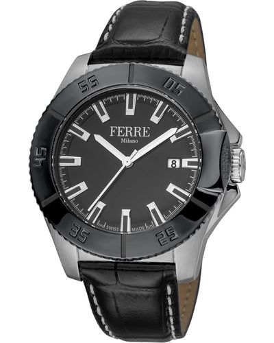 Ferré White Mop Dial Calfskin Leather Watch - Black
