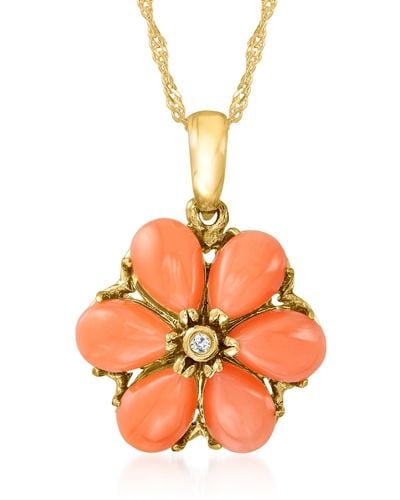 Ross-Simons Coral Flower Pendant Necklace With Diamond Accent - Orange