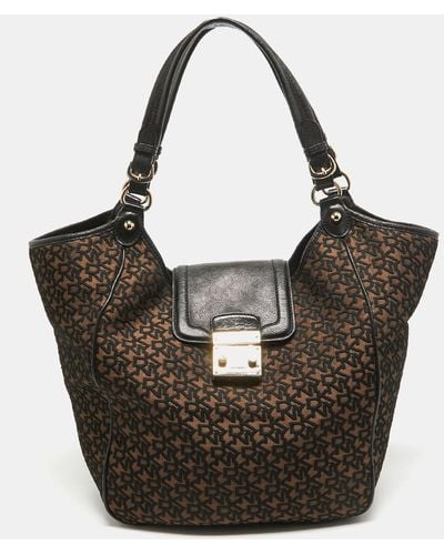 DKNY Monogram Jacquard Fabric And Leather Tote - Black
