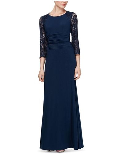SLNY Ruched Lace Evening Dress - Blue
