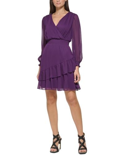 DKNY Surplice Neckline Ruffled Mini Dress - Purple