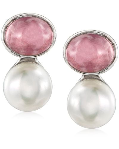 Ross-Simons Rose Quartz And 14-14.5mm Cultured Pearl Earrings - Pink