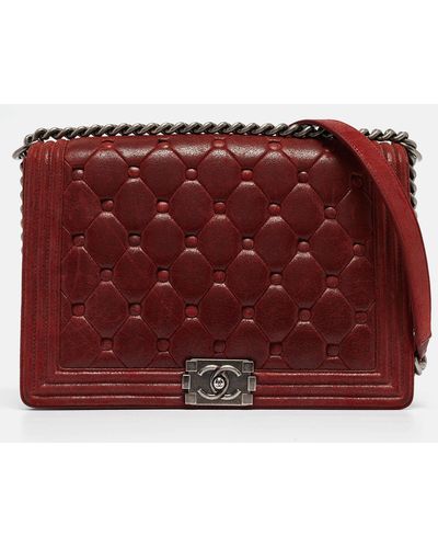 Chanel Chesterfield Quilted Nubuck Leather Large Boy Flap Bag - Red