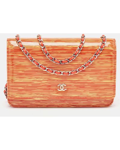Chanel Orange/yellow Stripe Patent And Leather Cc Wallet On Chain