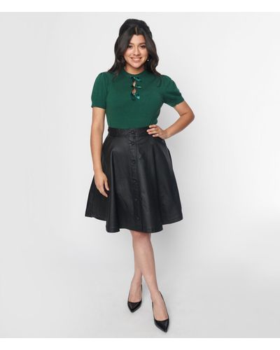 Unique Vintage Vegan Leather Flare Skirt - Green