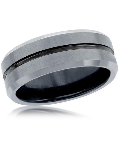 Black Jack Jewelry Matte & Polished Silver And Black Stripe Tungsten Ring - Gray