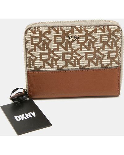 DKNY Biege/brown Signature Coated Canvas And Leather Vela Zip Around Wallet