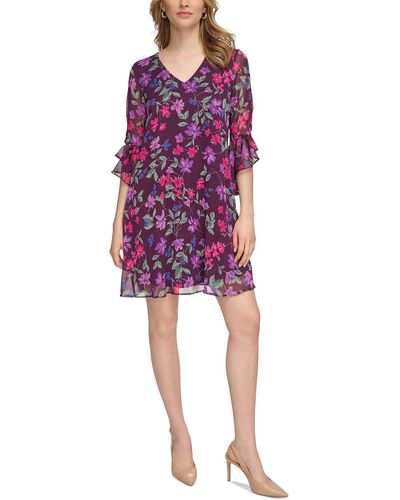 Calvin Klein Mini Floral Print Shift Dress - Purple
