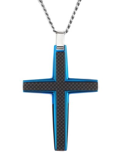 Crucible Jewelry Crucible Los Angeles Black Carbon Fiber Stainless Steel Cross Necklace - Medium - Blue