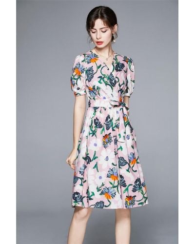Kaimilan Pink & Floral Print Day A-line V-neck Short Sleeve Above Knee Printed Dress - Gray