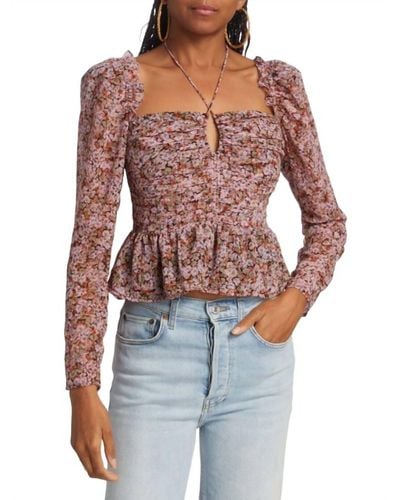 Astr Floral Rouched Long Sleeve Blouse - Red
