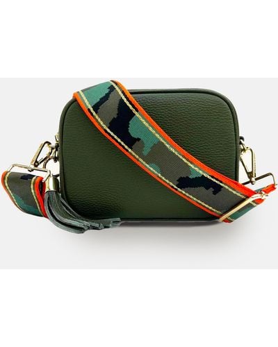 Apatchy London Olive Leather Crossbody Bag With Orange & Gold Stripe Camo Strap - Green
