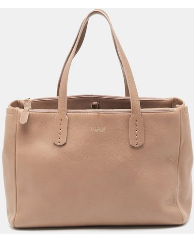 BVLGARI Light Leather Double Zip Tote - Natural