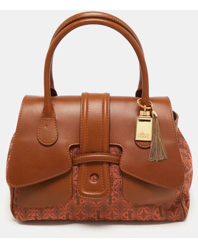 Gianfranco Ferré Jacquard Fabric And Leather Flap Satchel - Brown