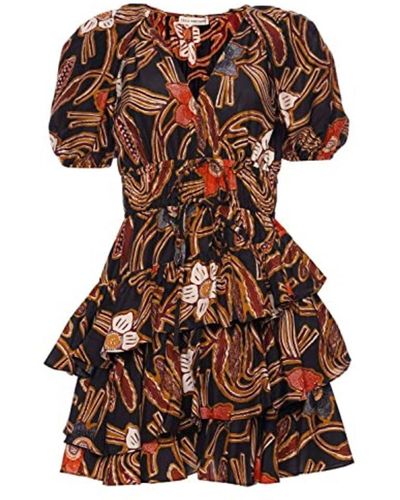 Ulla Johnson 100% Silk Taffeta Farah Ruffled Layered Dress - Brown
