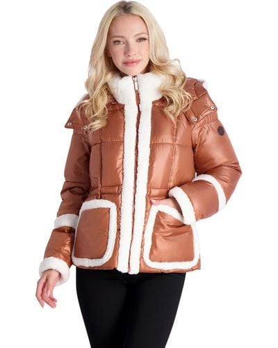 French Connection Sherpa Trimmed Quilted Puffer Jacket - Natural