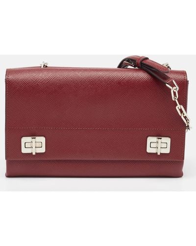 Prada Dark Saffiano Cuir Leather Double Shoulder Bag - Red