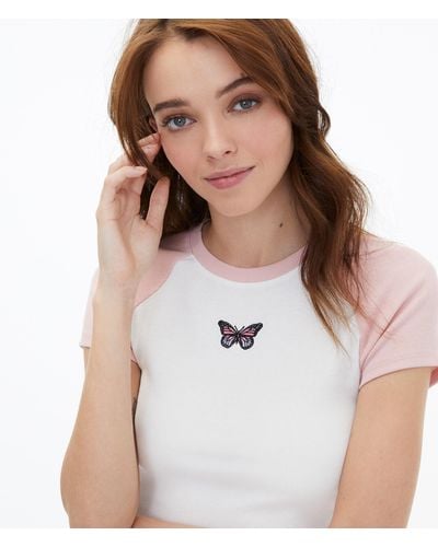 Aéropostale Seriously Soft Butterfly Cropped Raglan Baby Tee - White