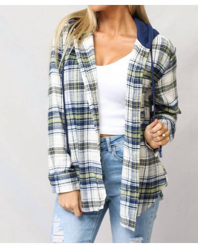 Love Tree Brushed Flannel Plaid With Hood Top - Blue