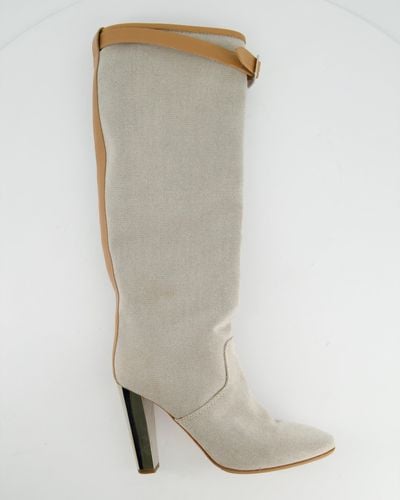 Hermès Hermes Stone Canvas Knee High Boots With Tan Buckle Detail - Gray