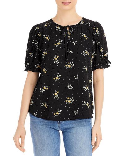 Status By Chenault Floral 1/2-placket Pullover Top - Black