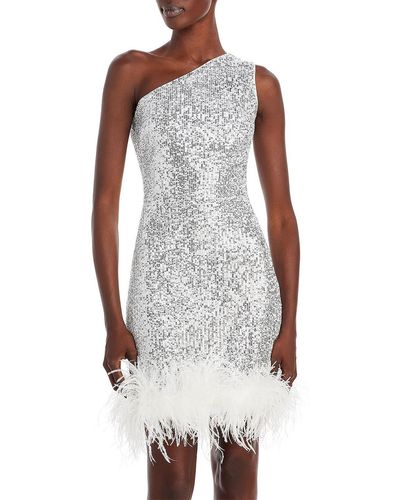 Eliza J Sequined Feather Trim Fit & Flare Dress - Gray