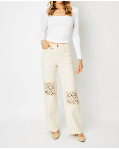 Judy Blue Crochet Patch High Rise Wide Leg Jeans - White