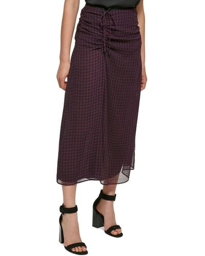 Calvin Klein Ruched Check Print Midi Skirt - Purple