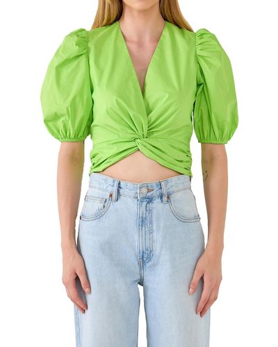 English Factory Cotton Ruched Pullover Top - Green
